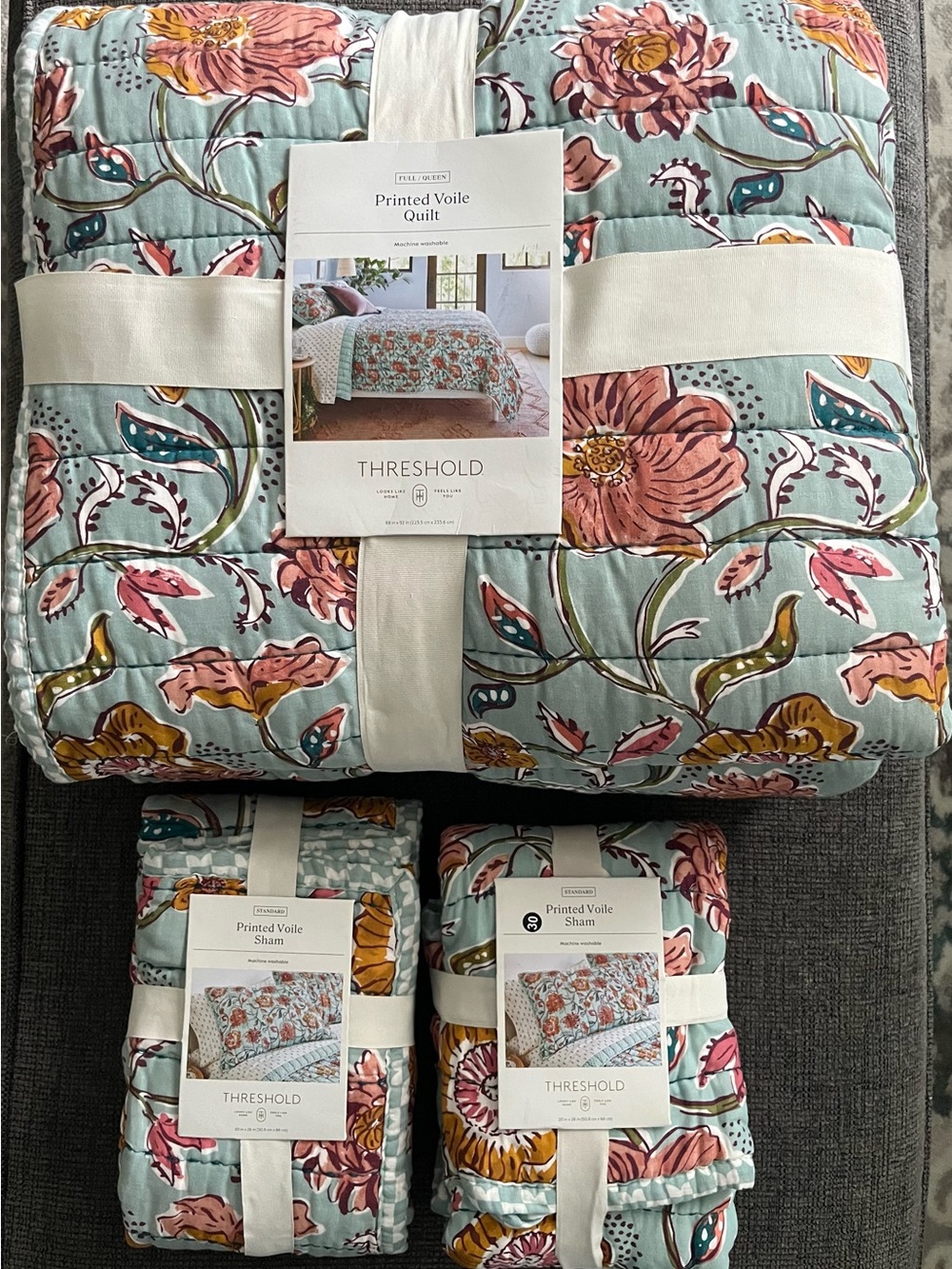 Threshold Floral Voile Quilt Set in Light Blue, Pink & Gold